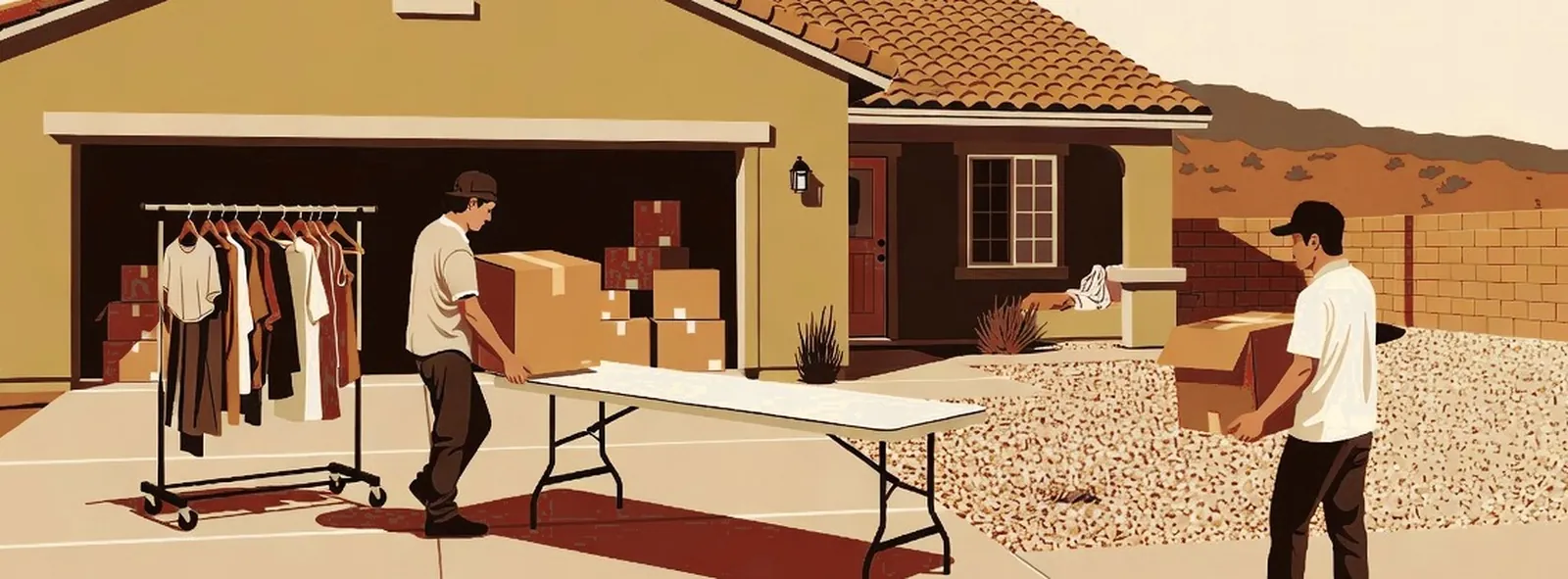 A couple setting up folding tables and boxes before a garage sale