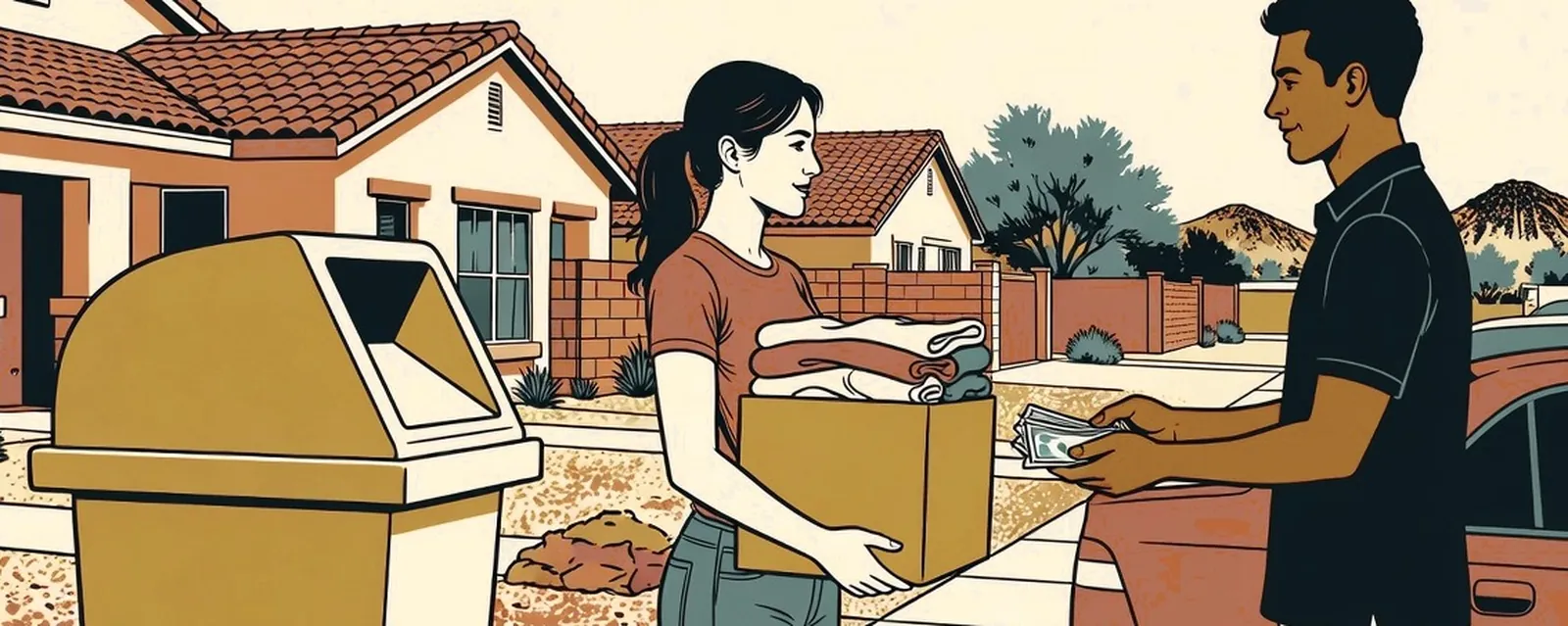 A woman with a box of clothes choosing between a donation bin and a cash offer