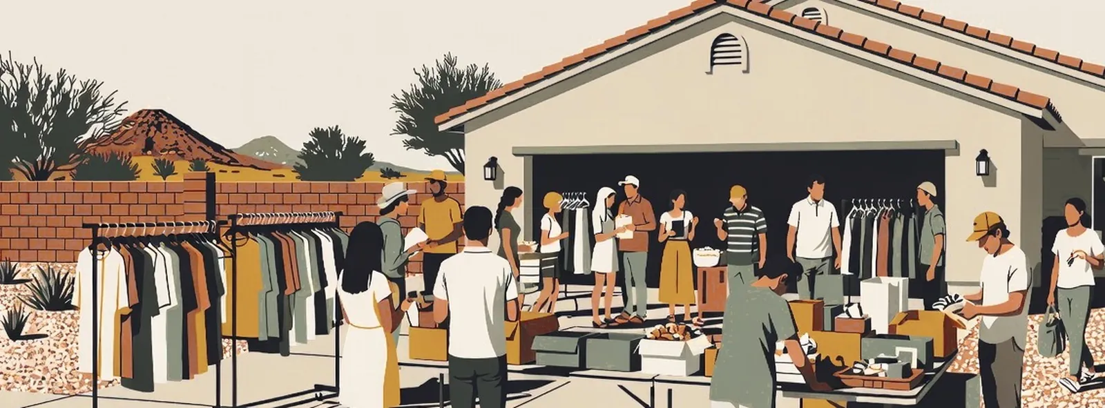 A busy garage sale on a Yuma driveway with clothing racks and folding tables