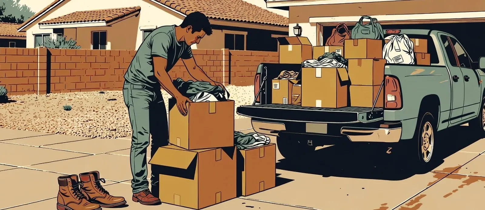 Sorting boxes and clothing beside a loaded pickup truck outside a garage