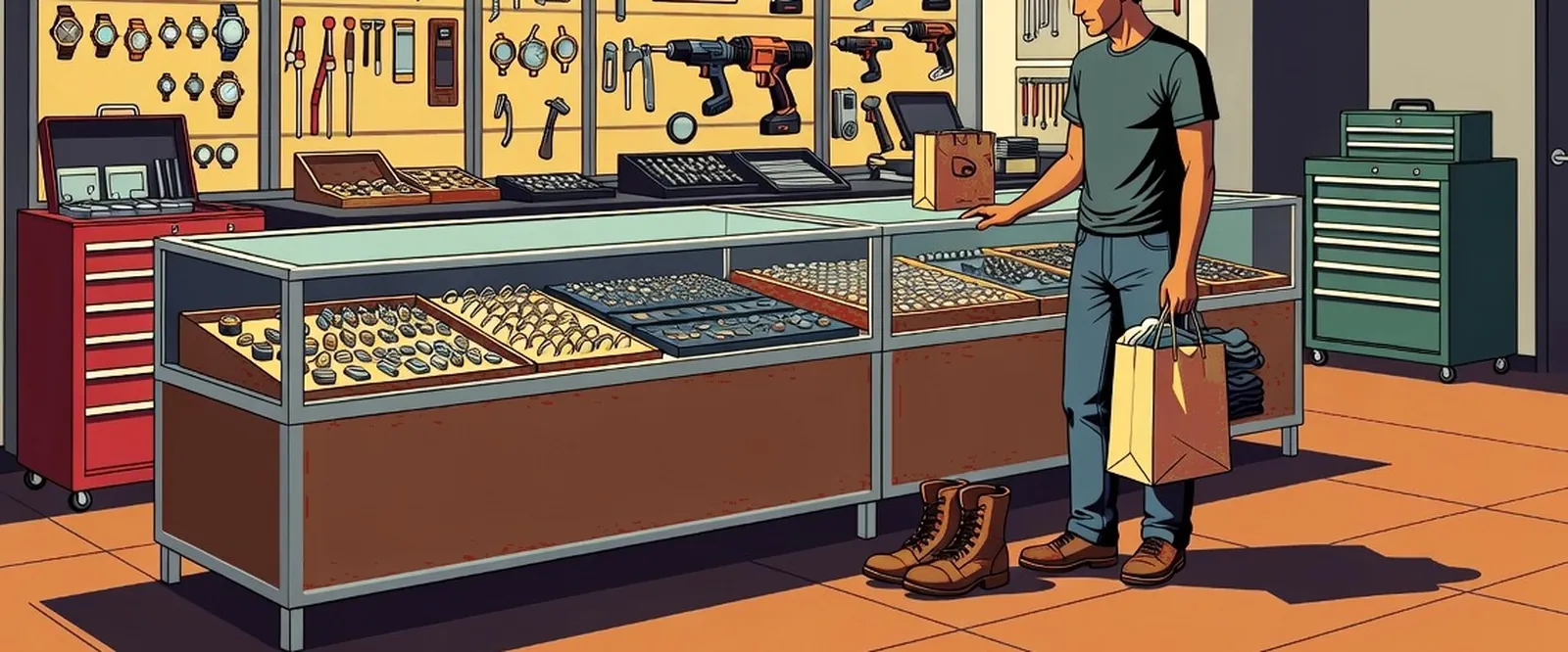A pawn shop counter of watches, rings and tools, with a customer holding clothes and boots