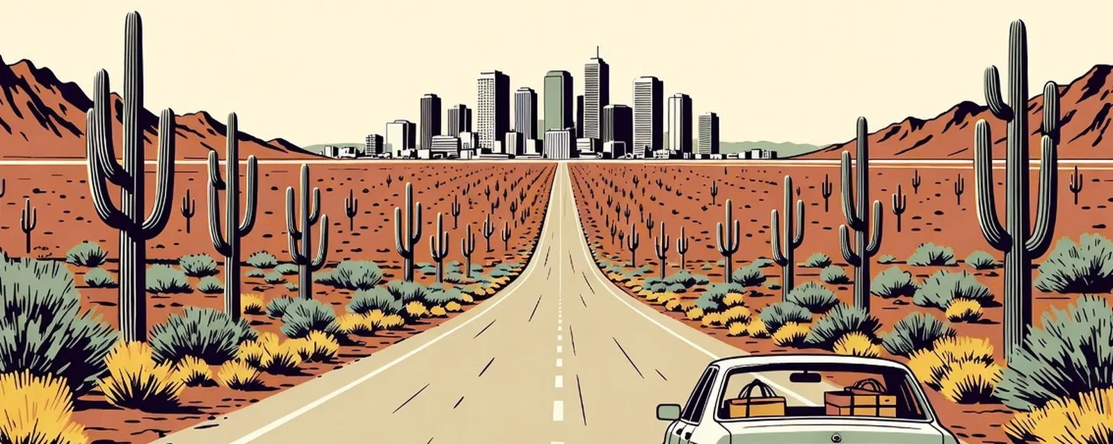 An empty desert highway toward a distant city, a car loaded with bags of clothes