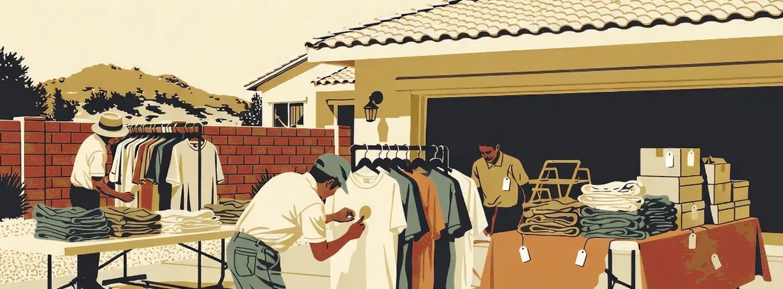 Pricing shirts on a clothing rack at a driveway garage sale