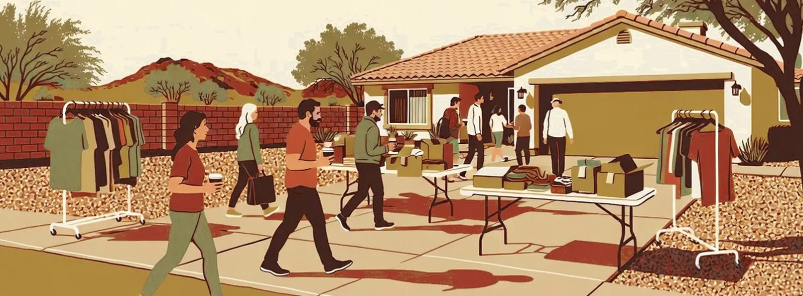 Shoppers arriving at a Yuma garage sale on a cool winter morning
