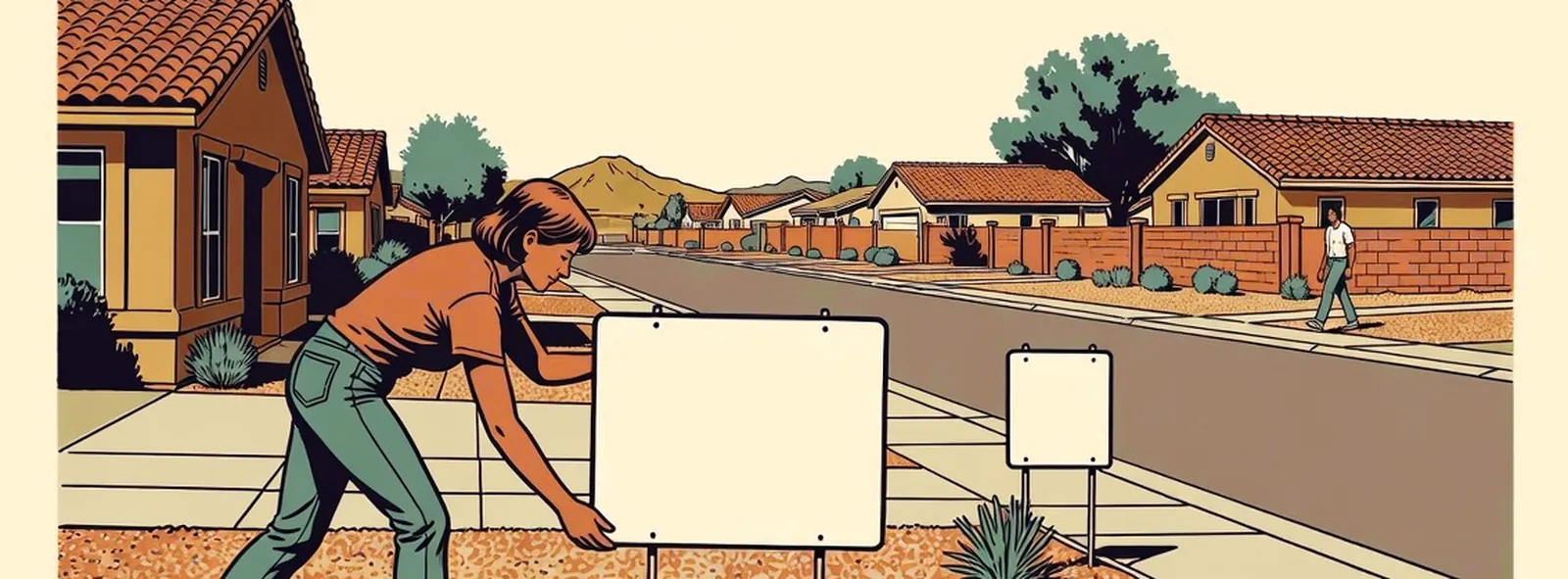 A woman placing a blank garage sale sign in her own front yard