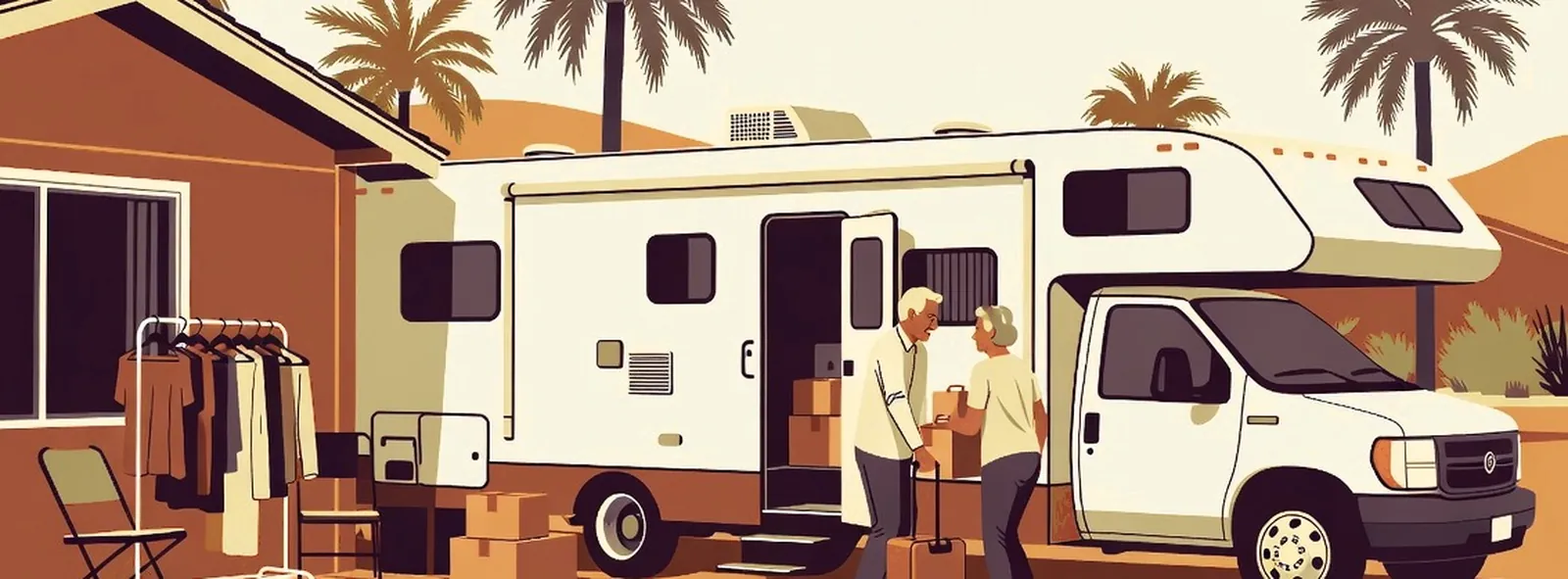 An older couple loading boxes into a motorhome outside a Yuma park model home