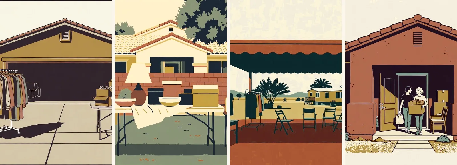 Four kinds of sale side by side: driveway, front lawn, covered patio and estate sale